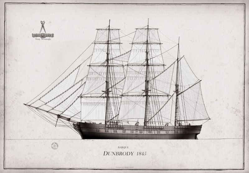 1845 Barque Dunbrody pen ink study by Tony Fernandes